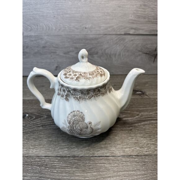 Queen's Myott Factory Thanksgiving Turkey Tea Pot Brown 40 oz Glossy Ceramic - Picture 2 of 10